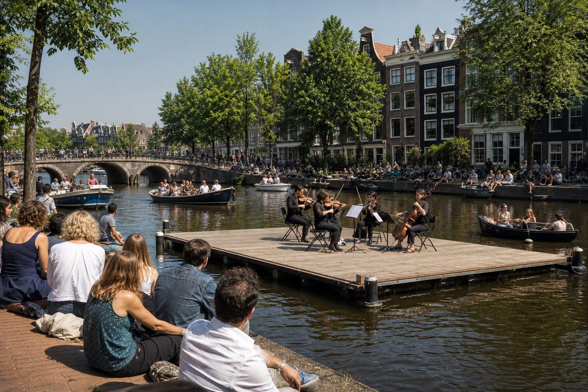 Een klein klassiek ensemble dat optreedt op een podium aan de gracht in Amsterdam