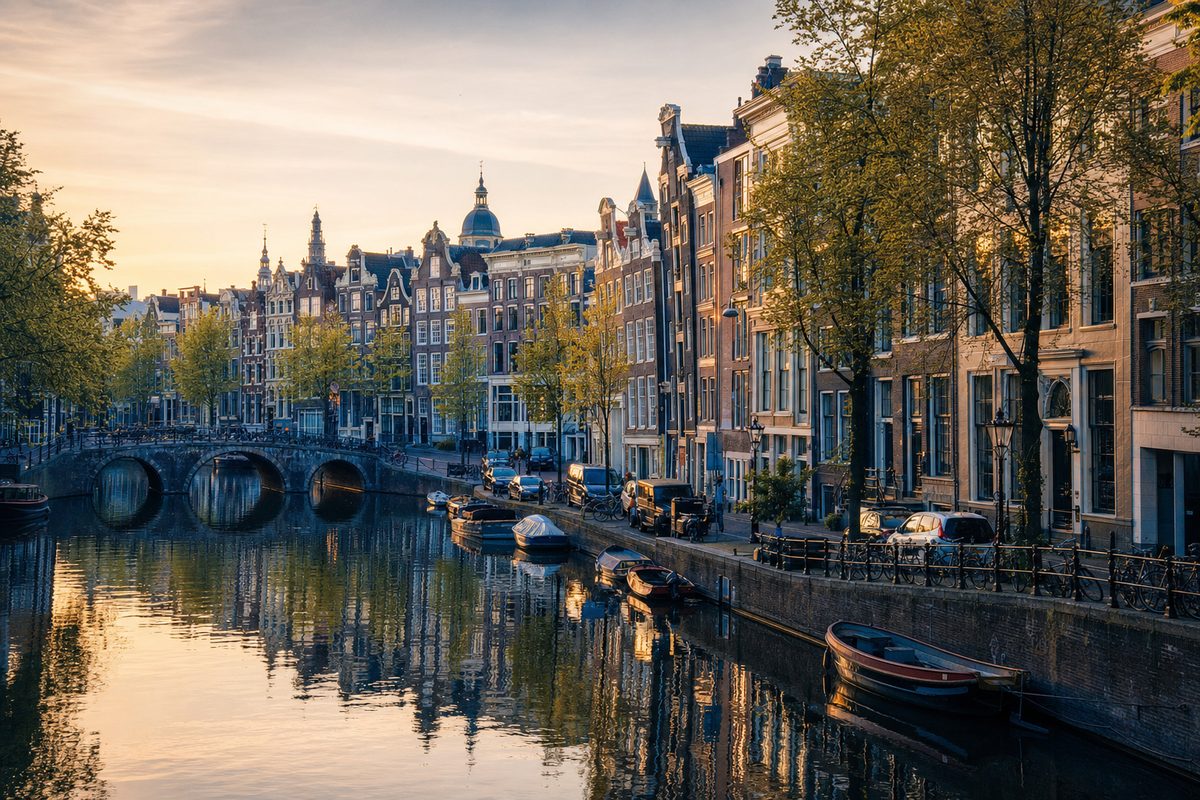 Amsterdam canal houses reflected in the water at golden hour